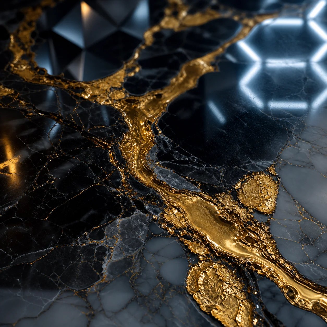 Veines d'or dans le marbre noir